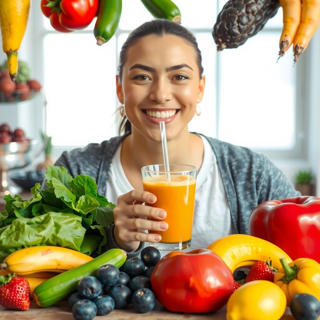 Persona sonriente bebiendo un batido saludable, rodeada de frutas frescas y verduras.