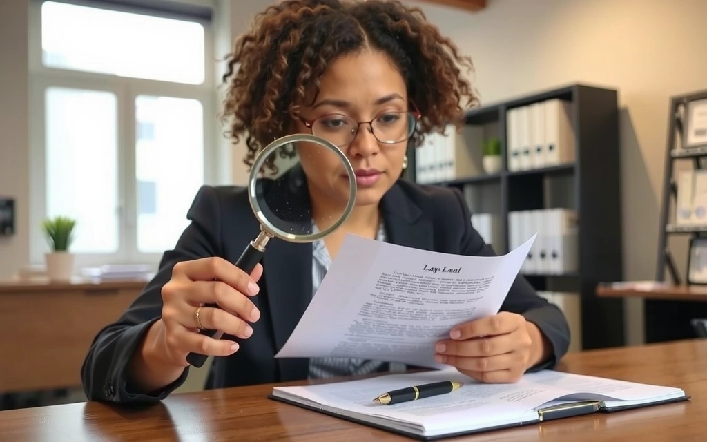 Persona leyendo un documento legal con lupa