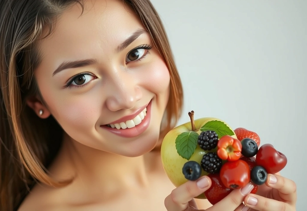 Mujer joven sonriente con piel radiante sosteniendo una manzana y un puñado de bayas, simbolizando una dieta saludable y el bienestar que aportan las vitaminas naturales.