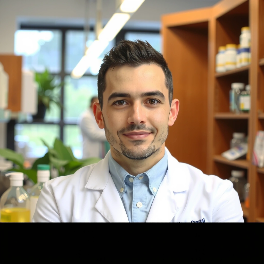 Dr. Carlos Ruiz, Farmacéutico con experiencia en fitoterapia, en un entorno de laboratorio.