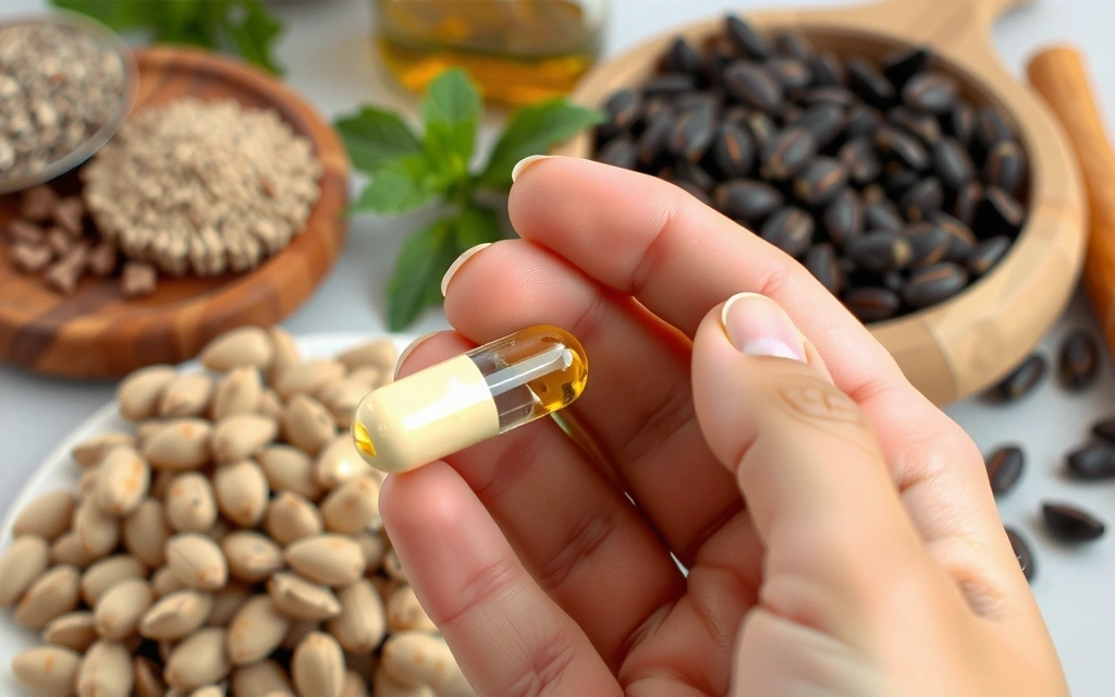 Manos sosteniendo una cápsula de suplemento con fondo borroso de ingredientes naturales