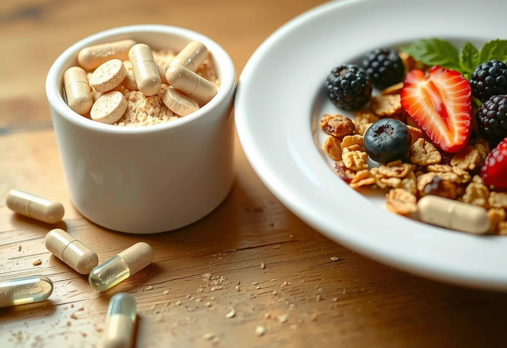 Probióticos en polvo y cápsulas con yogur y frutas