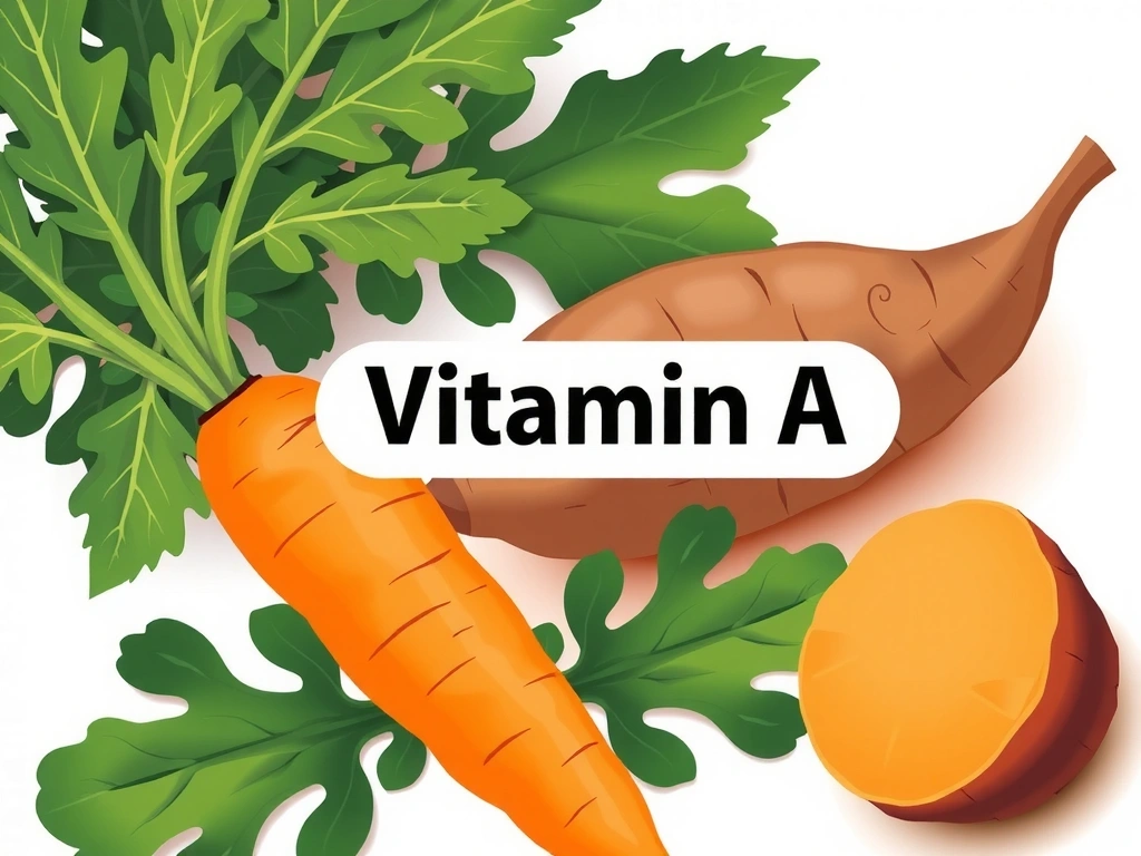 Ilustración vibrante de Vitamina A con zanahorias y pimientos