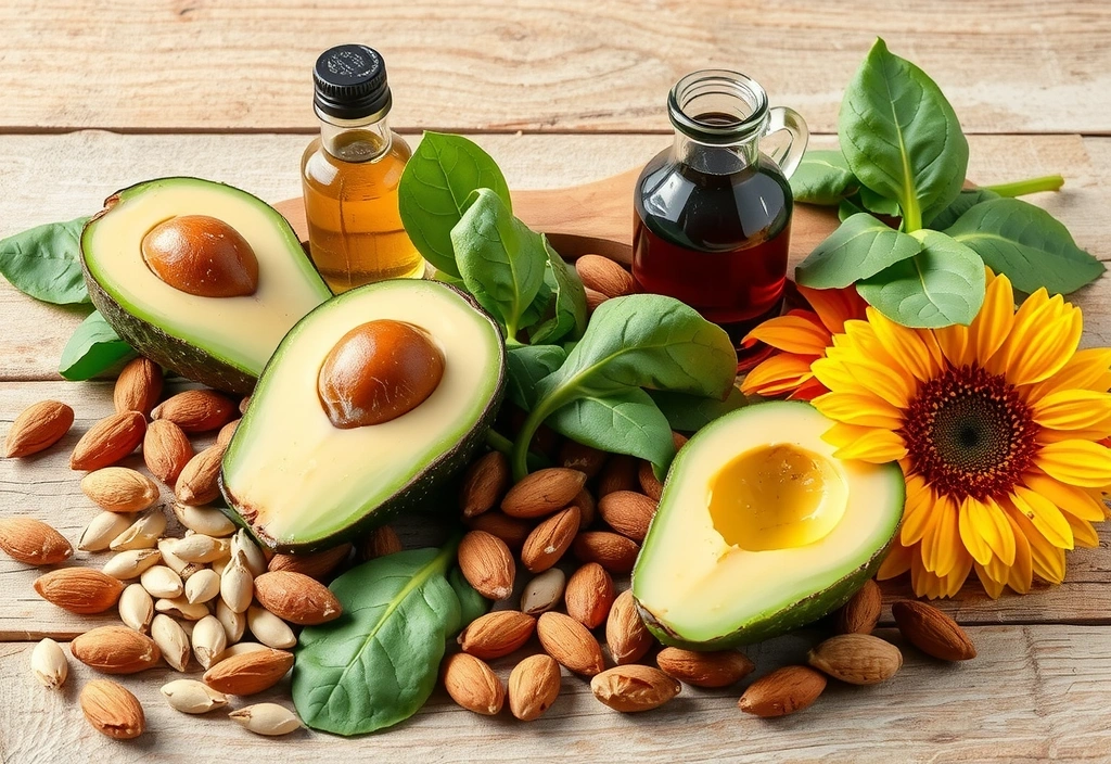 Assortment of natural Vitamin E sources: nuts, seeds, avocado, spinach, and vegetable oils