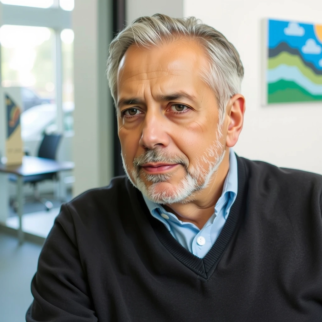 Retrato de Carlos Ruiz, con una expresión pensativa